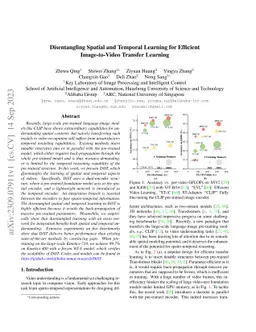 Disentangling Spatial and Temporal Learning for Efficient Image-to-Video
  Transfer Learning