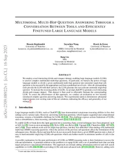 Multimodal Multi-Hop Question Answering Through a Conversation Between
  Tools and Efficiently Finetuned Large Language Models