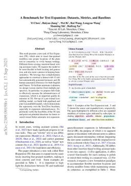 A Benchmark for Text Expansion: Datasets, Metrics, and Baselines