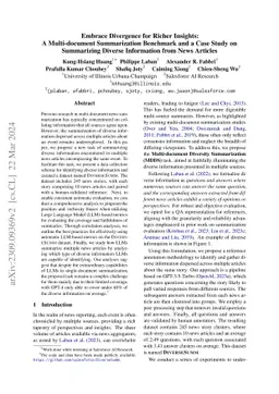Embrace Divergence for Richer Insights: A Multi-document Summarization
  Benchmark and a Case Study on Summarizing Diverse Information from News
  Articles
