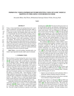 Improving vision-inspired keyword spotting using dynamic module skipping
  in streaming conformer encoder