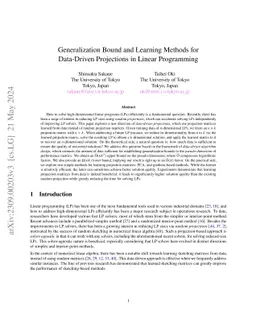Generalization Bound and Learning Methods for Data-Driven Projections in
  Linear Programming