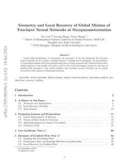 Geometry and Local Recovery of Global Minima of Two-layer Neural Networks at Overparameterization