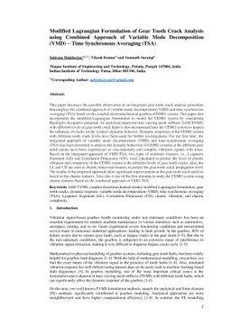 Modified Lagrangian Formulation of Gear Tooth Crack Analysis using
  Combined Approach of Variable Mode Decomposition (VMD) and Time Synchronous
  Averaging (TSA)
