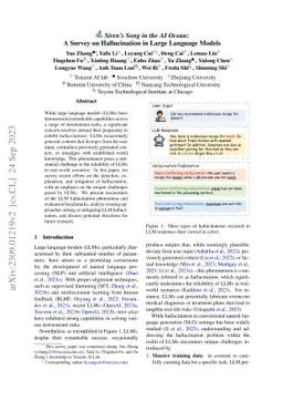 Siren's Song in the AI Ocean: A Survey on Hallucination in Large Language Models