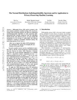 The Normal Distributions Indistinguishability Spectrum and its
  Application to Privacy-Preserving Machine Learning