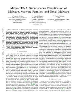 MalwareDNA: Simultaneous Classification of Malware, Malware Families,
  and Novel Malware