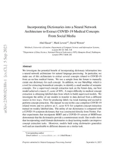Incorporating Dictionaries into a Neural Network Architecture to Extract
  COVID-19 Medical Concepts From Social Media