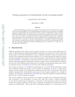 Testing properties of distributions in the streaming model