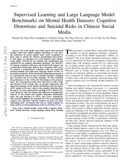 Supervised Learning and Large Language Model Benchmarks on Mental Health
  Datasets: Cognitive Distortions and Suicidal Risks in Chinese Social Media