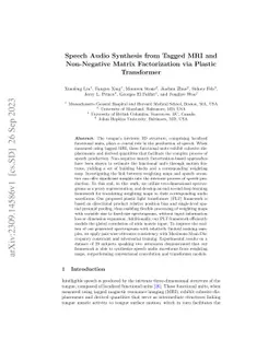 Speech Audio Synthesis from Tagged MRI and Non-Negative Matrix
  Factorization via Plastic Transformer