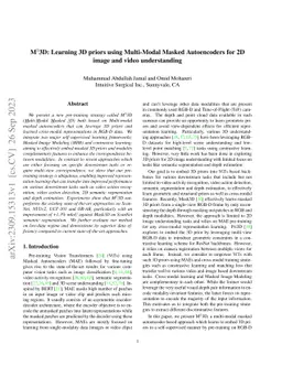 M$^{3}$3D: Learning 3D priors using Multi-Modal Masked Autoencoders for
  2D image and video understanding