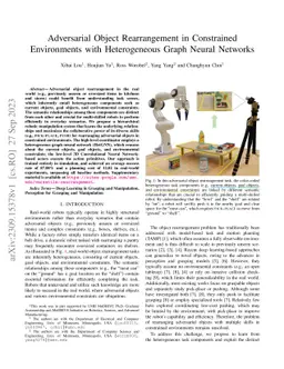 Adversarial Object Rearrangement in Constrained Environments with
  Heterogeneous Graph Neural Networks