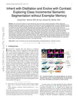 Inherit with Distillation and Evolve with Contrast: Exploring Class
  Incremental Semantic Segmentation Without Exemplar Memory
