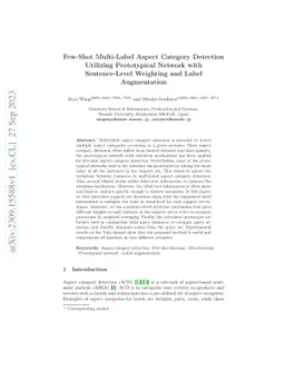 Few-Shot Multi-Label Aspect Category Detection Utilizing Prototypical
  Network with Sentence-Level Weighting and Label Augmentation