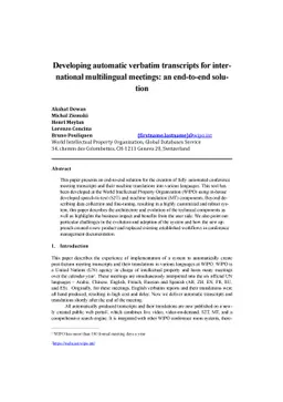 Developing automatic verbatim transcripts for international multilingual
  meetings: an end-to-end solution
