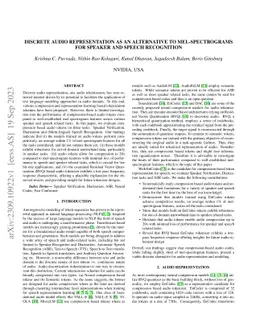 Discrete Audio Representation as an Alternative to Mel-Spectrograms for
  Speaker and Speech Recognition