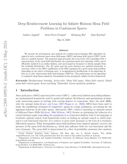 Deep Reinforcement Learning for Infinite Horizon Mean Field Problems in Continuous Spaces