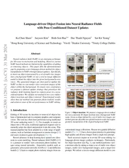 Language-driven Object Fusion into Neural Radiance Fields with
  Pose-Conditioned Dataset Updates
