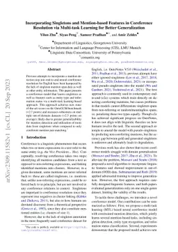 Incorporating Singletons and Mention-based Features in Coreference
  Resolution via Multi-task Learning for Better Generalization
