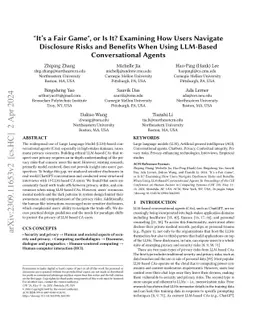 "It's a Fair Game", or Is It? Examining How Users Navigate Disclosure
  Risks and Benefits When Using LLM-Based Conversational Agents