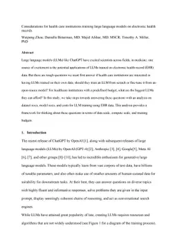 Considerations for health care institutions training large language
  models on electronic health records