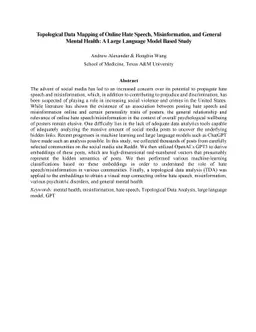 Topological Data Mapping of Online Hate Speech, Misinformation, and
  General Mental Health: A Large Language Model Based Study