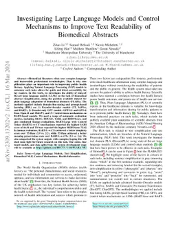 Investigating Large Language Models and Control Mechanisms to Improve
  Text Readability of Biomedical Abstracts
