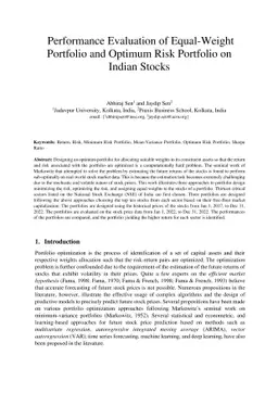 Performance Evaluation of Equal-Weight Portfolio and Optimum Risk
  Portfolio on Indian Stocks