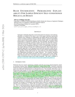 Beam Enumeration: Probabilistic Explainability For Sample Efficient
  Self-conditioned Molecular Design