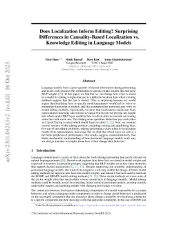 Does Localization Inform Editing? Surprising Differences in
  Causality-Based Localization vs. Knowledge Editing in Language Models