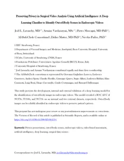 Preserving Privacy in Surgical Video Analysis Using Artificial
  Intelligence: A Deep Learning Classifier to Identify Out-of-Body Scenes in
  Endoscopic Videos