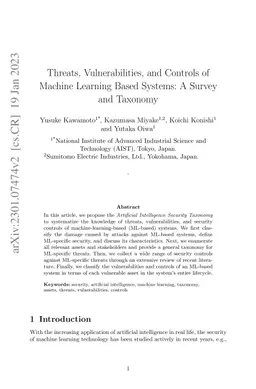 Threats, Vulnerabilities, and Controls of Machine Learning Based
  Systems: A Survey and Taxonomy