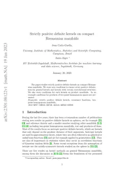 Strictly positive definite kernels on compact Riemannian manifolds