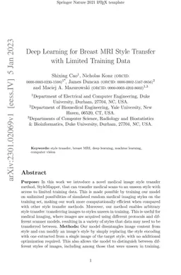 Deep Learning for Breast MRI Style Transfer with Limited Training Data