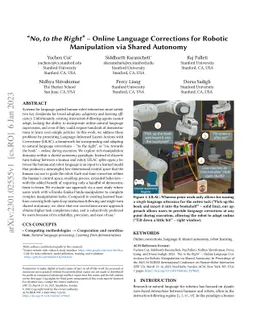 "No, to the Right" -- Online Language Corrections for Robotic
  Manipulation via Shared Autonomy