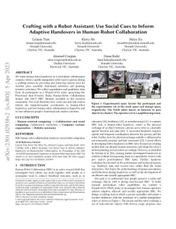 Crafting with a Robot Assistant: Use Social Cues to Inform Adaptive
  Handovers in Human-Robot Collaboration