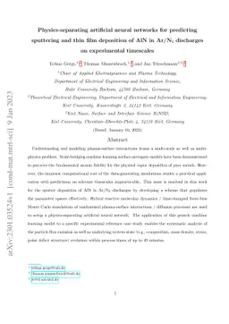 Physics-separating artificial neural networks for predicting sputtering
  and thin film deposition of AlN in Ar/N$_2$ discharges on experimental
  timescales