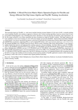 RedMule: A Mixed-Precision Matrix-Matrix Operation Engine for Flexible
  and Energy-Efficient On-Chip Linear Algebra and TinyML Training Acceleration