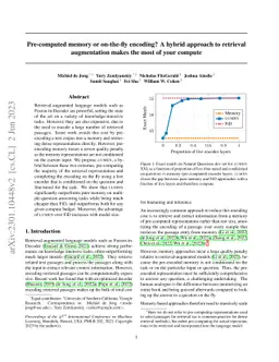 Pre-computed memory or on-the-fly encoding? A hybrid approach to
  retrieval augmentation makes the most of your compute