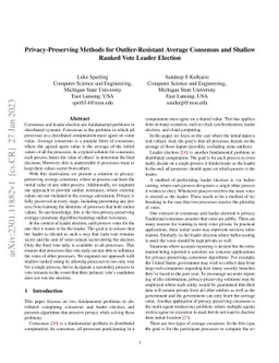 Privacy-Preserving Methods for Outlier-Resistant Average Consensus and
  Shallow Ranked Vote Leader Election