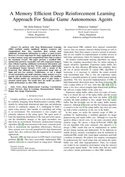 A Memory Efficient Deep Reinforcement Learning Approach For Snake Game
  Autonomous Agents