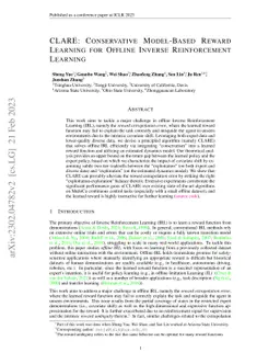 CLARE: Conservative Model-Based Reward Learning for Offline Inverse
  Reinforcement Learning