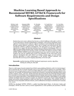 Machine Learning Based Approach to Recommend MITRE ATT&CK Framework for
  Software Requirements and Design Specifications