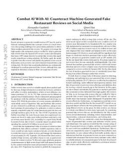 Combat AI With AI: Counteract Machine-Generated Fake Restaurant Reviews
  on Social Media
