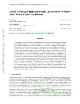 Online Continuous Hyperparameter Optimization for Generalized Linear
  Contextual Bandits