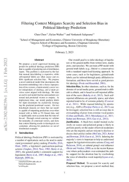 Filtering Context Mitigates Scarcity and Selection Bias in Political
  Ideology Prediction