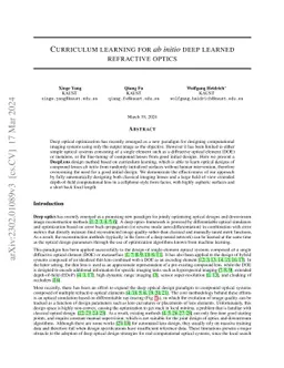 Curriculum Learning for ab initio Deep Learned Refractive Optics