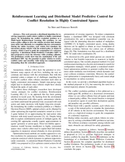 Reinforcement Learning and Distributed Model Predictive Control for
  Conflict Resolution in Highly Constrained Spaces