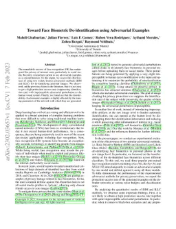 Toward Face Biometric De-identification using Adversarial Examples